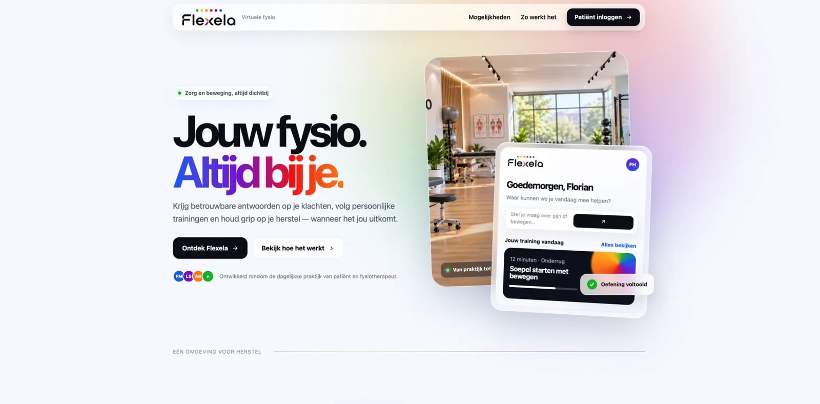 Flexela Fysio: persoonlijk welkomstscherm met de training van vandaag