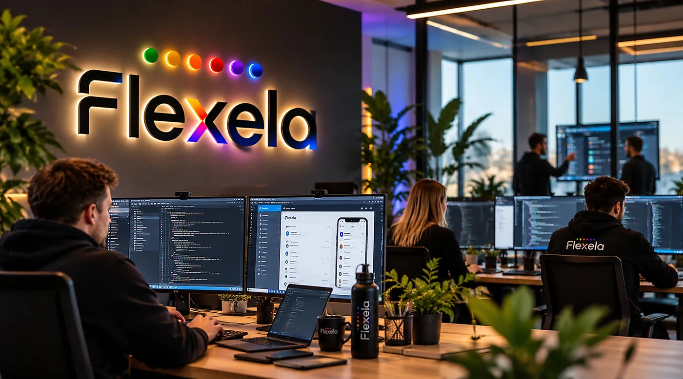 Ontwikkelaars van Flexela aan het werk onder het Flexela-logo